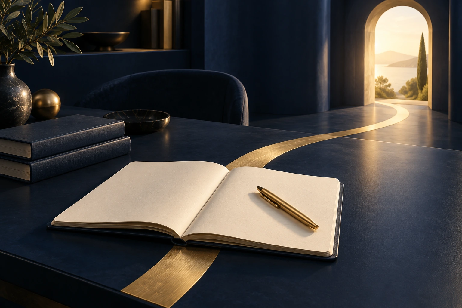 Livros e caderno aberto conectados a um caminho dourado, representando conhecimento colocado em ação