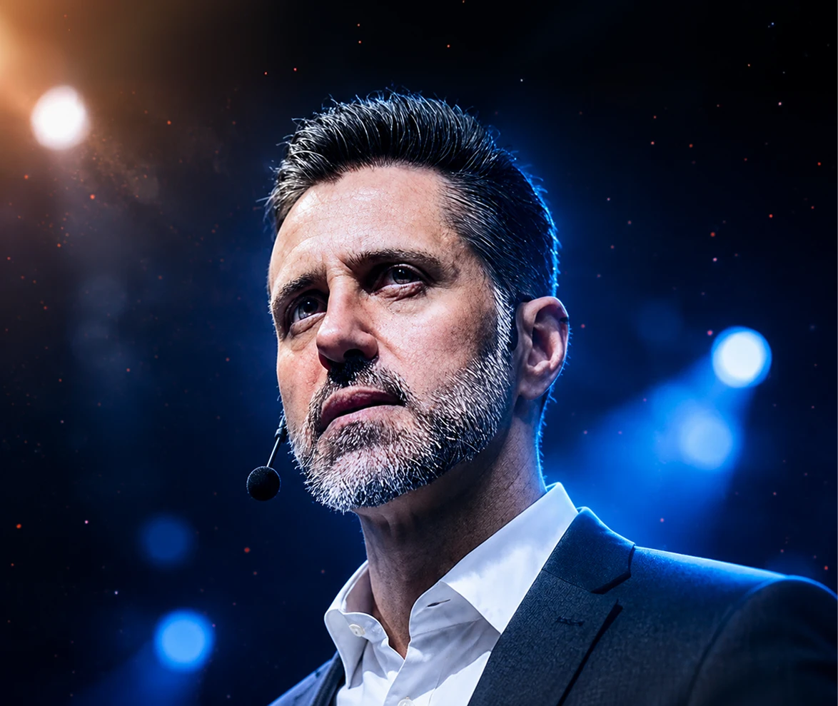 Fábio Fray no palco, de terno azul e microfone