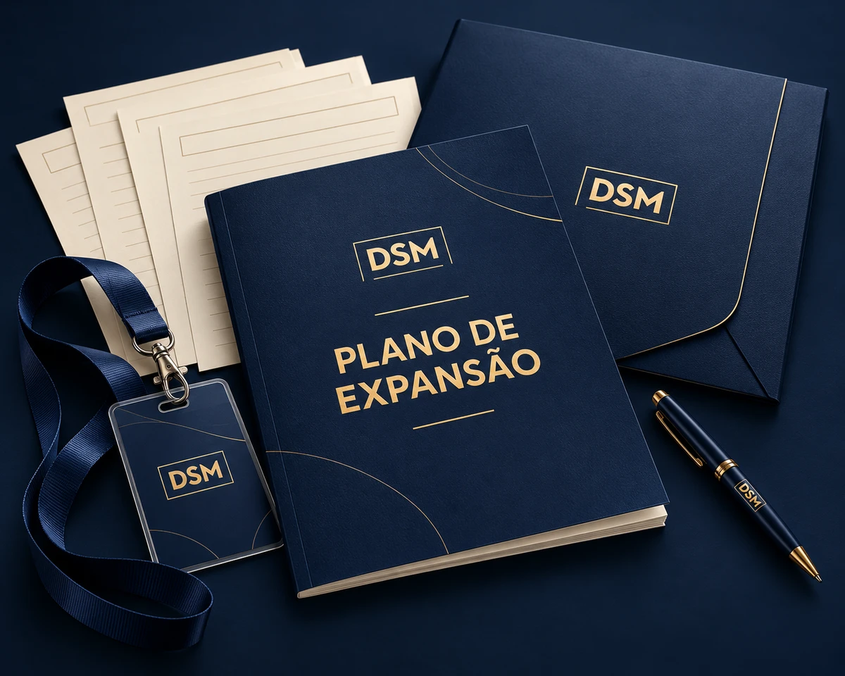 Mockup dos materiais DSM: caderno de trabalho, pasta, folhas de exercícios e credencial